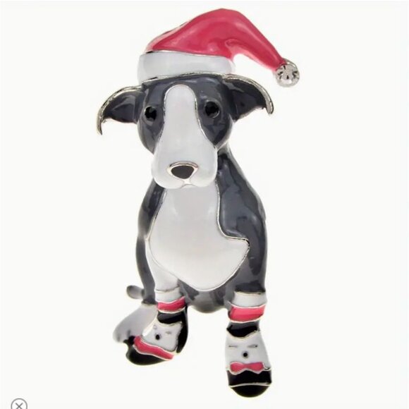 Betsey Johnson Jewelry - Betsey Johnson Christmas Dog Brooch With Santa Hat & Booties Gray & White